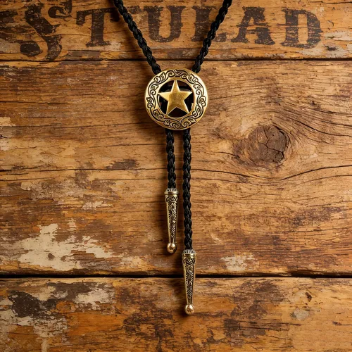 Vista 2 de BRBAM - Corbata de cuero estilo retro con diseño de vaquero occidental y estrella solitaria para hombre Estilo 3 - Bronce