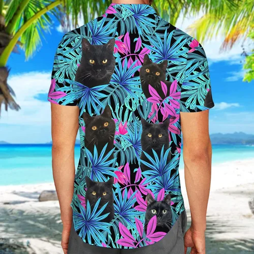 Vista 4 de Cat - Camisa hawaiana para hombre, camisa de verano con botones de gato tropical, unisex, divertida camisa casual de manga corta para hombre