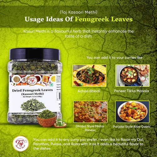 Vista 3 de TAJ Kasoori Methi Hojas de fenogreco secas Producto de India 1oz (28g)