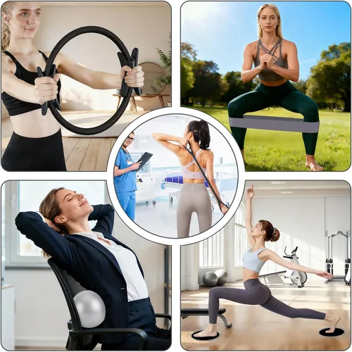 Vista 7 de Hoedia Kit de Pilates de 17 Piezas para Mujeres, Equipo de Pilates Anillo y Pelota Set con Bandas de Resistencia, Correa de Yoga, Deslizadores