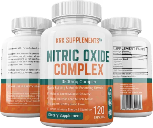 Vista 3 de KRK SUPPLEMENTS 2 botellas complejo de óxido nítrico 3500 mg por porción L-arginina HCL AAKG AKG alfa cetoglutarato citrulina malato 240 cápsulas