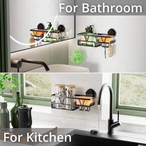 Vista 5 de KEGII Organizador de ducha con ventosa con soporte para jabón y ganchos, estante organizador de baño de succión extraíble, organizador de ducha sin