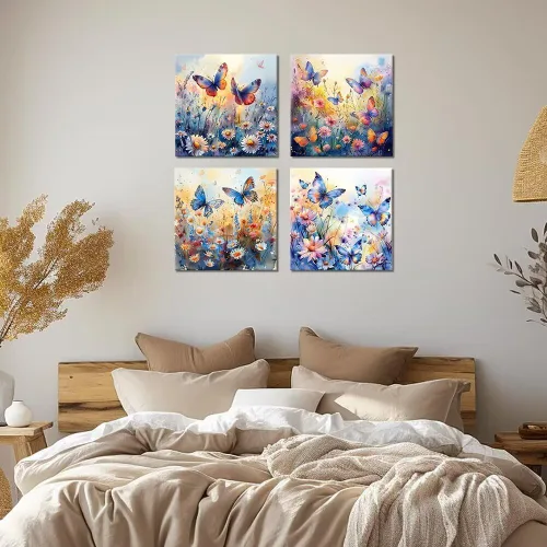 Vista 106 de Wall HDQ Arte de pared de flores para baño, dormitorio, sala de estar, decoración de pared azul y naranja, pintura floral, lienzo impreso, imagen