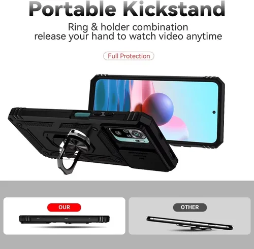 Vista 4 de Funda para Redmi Note 10/Redmi Note 10S/Poco M5S con protector de pantalla de vidrio templado y cubierta de cámara deslizante, anillo magnético Negro