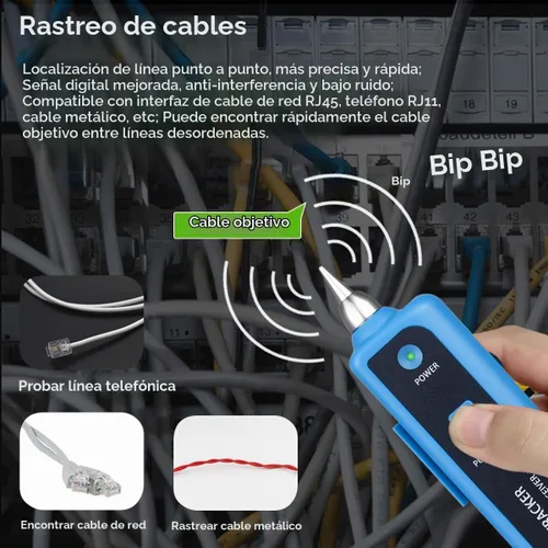 Vista 4 de Rastreador de Cables Probador de Cables de Red Ethernet RJ45 RJ11 - Rastreador de Tonos de Alambre CAT5 CAT6 Probador de Continuidad - Kit