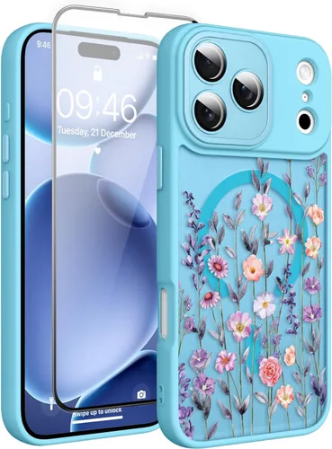 Vista 27 de Magnético para iPhone 13 con protector de pantalla [Compatible con MagSafe] Diseño de patrón floral de flores bonitas, funda delgada a prueba