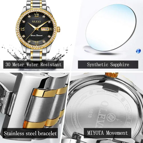 Vista 6 de OLEVS Relojes de diamantes de lujo para hombre, reloj de cuarzo impermeable, reloj de pulsera con calendario romano