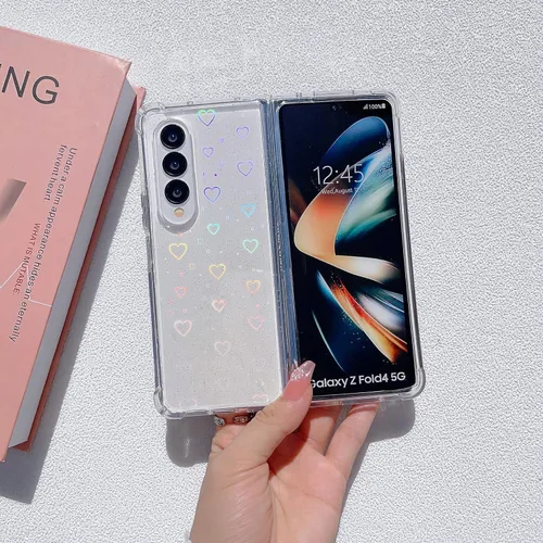 Vista 2 de Funda para Galaxy Z Fold 5, funda protectora de silicona con purpurina láser transparente holográfica con patrón de corazón de amor, delgada, a