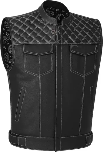 Vista 12 de Jackets 4 Bikes SOA Chaleco de Motocicleta para Hombre, Cuero Genuino de Búfalo, Armadura Trasera, Bolsillos Interiores, Chalecos de Club de Negro