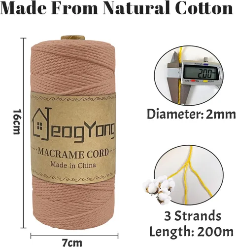 Vista 2 de JeogYong Cuerda de macramé de 0.078 pulgadas x 218 yardas, cuerda de algodón natural torcida de 3 hebras, cuerda de algodón de color para colgar