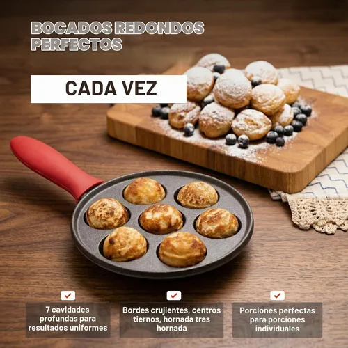 Vista 2 de KUHA Sartén Aebleskiver de hierro fundido – Auténtica máquina danesa para panqueques Aebleskiver, Poffertjes, Takoyaki, Appam, Kuli Paniyaram