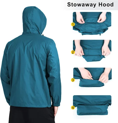 Vista 3 de Outdoor Ventures Chaqueta impermeable para hombre, impermeable, ligera, plegable, con capucha, para golf, senderismo, viajes