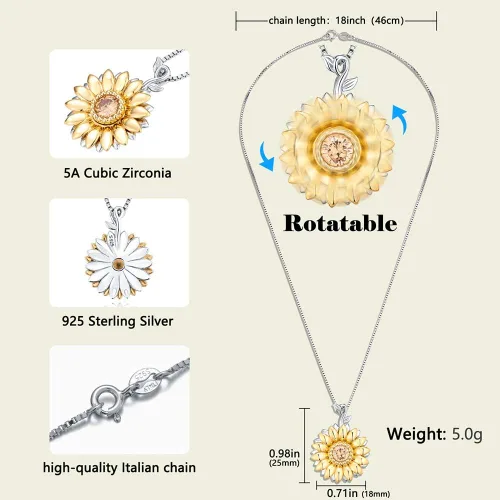 Vista 4 de Collar con colgante de girasol giratorio dorado para mujer, plata de ley S925 You Are My Sunshine Jewelry con circonita cúbica 5A
