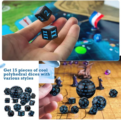 Vista 6 de Civaner Juego completo de 15 dados poliédricos D3-D100 esféricos RPG en negro opaco, 100 lados para juegos de rol, suministros de fiesta