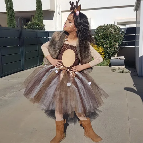 Vista 5 de HJTT Animal Costume for Girls Halloween Christmas Jungle Party Clothes Kids Fancy Deer Tutu Dress Up