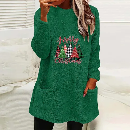 Vista 4 de Sudadera de sherpa para mujer, sudadera de Navidad con cuello redondo, sudadera gráfica de forro polar para invierno
