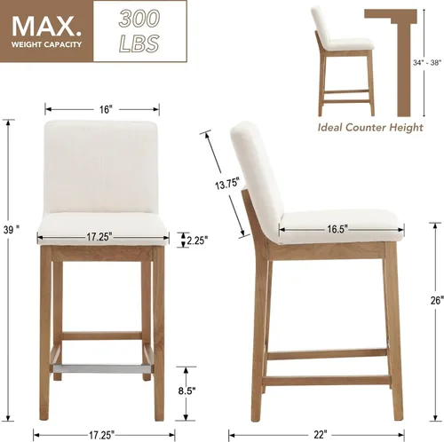 Vista 2 de chairus Juego de 2 taburetes de bar modernos de altura de mostrador de 26 pulgadas, taburetes tapizados de lino con respaldo y reposapiés de metal