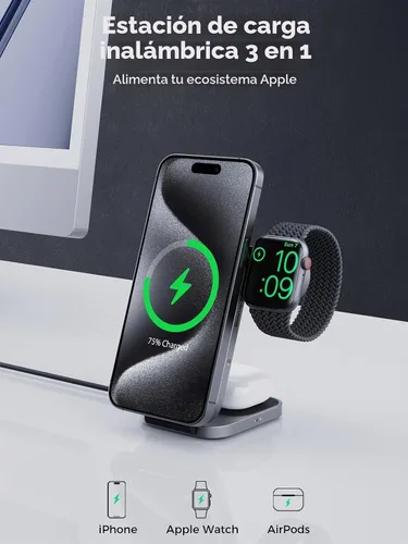 Vista 2 de Estación de carga 3 en 1, soporte de carga inalámbrico plegable con certificación MagFusion Z de 15 W, compatible con MagSafe para iPhone gris