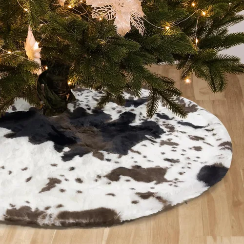 Vista 6 de Falda de Árbol de Navidad de 24 Pulgadas - Falda de Árbol de Piel Sintética Esponjosa Beige Blanca, Decoración Navideña de Felpa de Color Toka