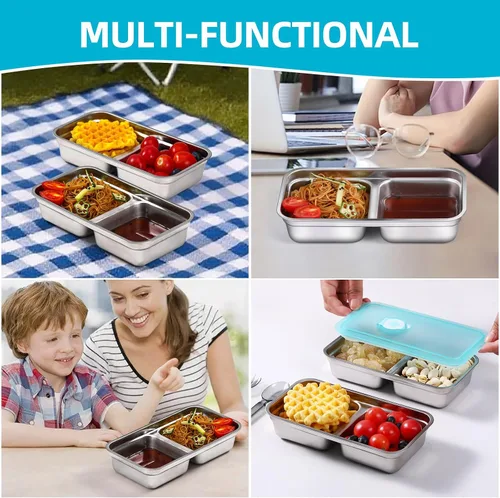 Vista 7 de Recipientes de Acero Inoxidable para Snacks con Tapas, Paquete de 2 Loncheras Reutilizables Grab and Go de 2 Compartimentos para Viajes y Campamento