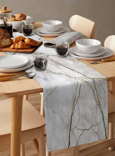 Vista 6 de Camino de mesa de mármol, algodón y lino, pequeño de 36 pulgadas, bufandas de tocador de color blanco, gris, dorado, textura para cocina, café