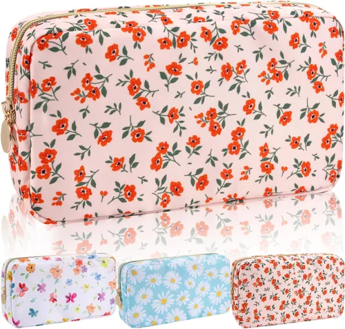 Vista 14 de Iqimott Bolsa Grande de Maquillaje de Nylon, Neceser de Viaje, Bolsa Grande de Cosméticos Preppy, Organizador de Maquillaje de Nylon, Bolsa de Beige