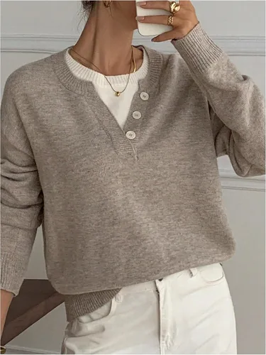 Vista 4 de SOLY HUX Suéteres Pullover para Mujer de Manga Larga con Botones Cuello Redondo 2 en 1 Tops de Punto Holgados Albaricoque puro