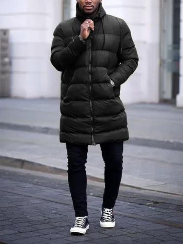 Vista 3 de Runcati Abrigo acolchado con capucha para hombre, chaqueta larga y cálida de invierno, gruesa y acolchada con capucha