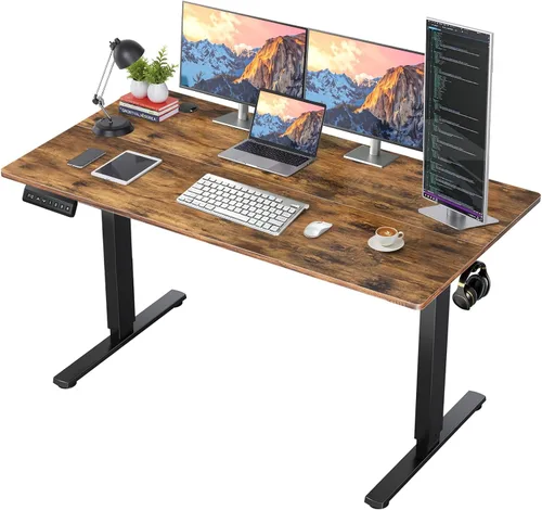 Vista 11 de Escritorio eléctrico de pie de 48 x 24 pulgadas, altura de memoria, ergonómico, de pie a pie, mesa de computadora con 2 ganchos y agujero para Marrón