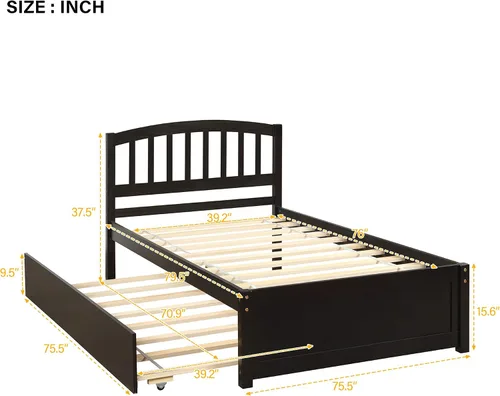 Vista 2 de Harper & Bright Designs Cama de plataforma de tamaño individual con nido para niños y niñas, marco de cama de madera maciza con cabecera y estribo