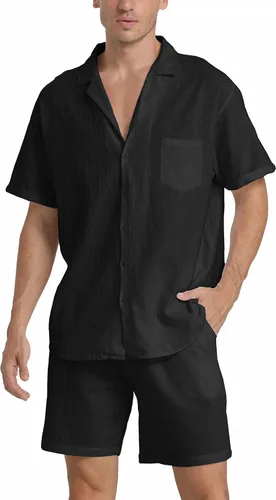 Vista 21 de RPOVIG Conjunto corto de camisa de lino: conjunto casual de 2 piezas con botones para hombre