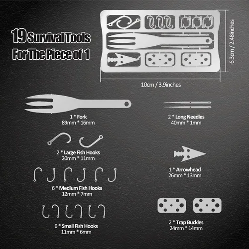 Vista 6 de Hukado Kit de 9 tarjetas de supervivencia multiherramienta para acampar con equipo de línea de pesca, cartera de tarjetas de crédito multiusos