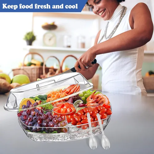 Vista 5 de Bandeja de servir enfriada con hielo extragrande con tapa, plato de frutas transparente con 4 compartimentos, plato de cóctel de camarones, cuenco