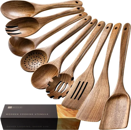 Vista 17 de cucharas de madera para cocinar, juego de utensilios de cocina antiadherentes con 10 piezas de espátulas y cucharas de madera de acacia