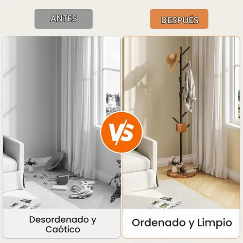 Vista 9 de HOOBRO Perchero con 9 ganchos, perchero de metal independiente con base de madera, árbol de pasillo resistente para entrada, soporte de perchero que