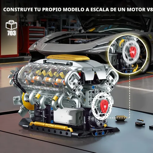 Vista 5 de V8 Kit de modelo de motor que funciona, construye tu propio mini motor de automóvil visible, juego de construcción de experimentos de ciencia física