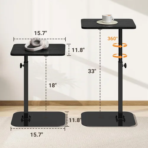 Vista 5 de ELYKEN Mesa de bandeja de TV, escritorio de sofá en forma de C, mesa auxiliar giratoria de 360° en altura ajustable, soporte para laptop para sofá