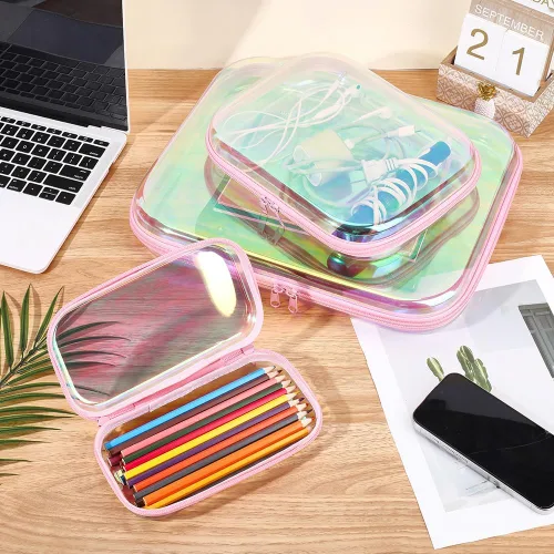Vista 4 de AHANDMAKER 3 Pack Clear Hard Shell Zipper Case, Iridescent Travel Bags