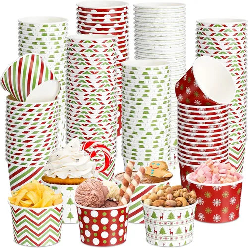 Vista 8 de Sliner 60 piezas de cuencos desechables de postre de Navidad de 9 onzas, tazas de golosinas y aperitivos de Navidad de copos de nieve navideños
