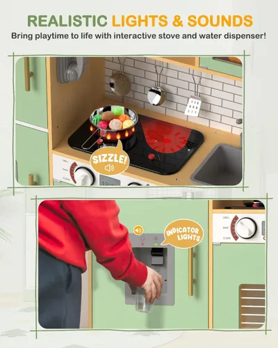 Vista 3 de Babytronic Juego de cocina de madera para niños, cocina de juego interactiva con luces y sonidos, juego de cocina de juguete para niños con grifo