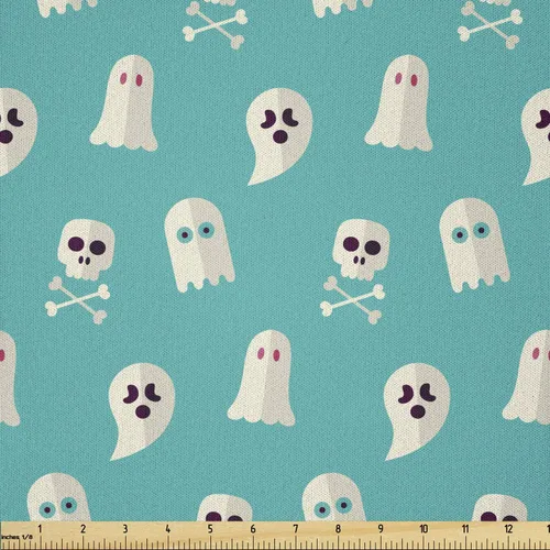 Vista 5 de Ambesonne The Yard, tela de calavera colorida con temática de Halloween, diseño de calavera y huesos cruzados, divertido estampado de dibujos