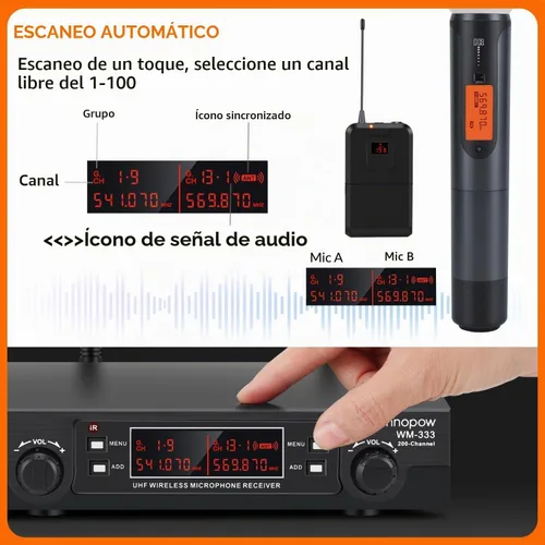 Vista 3 de Sistema de micrófonos inalámbricos de 200 canales, micrófono de solapa inalámbrico, sistema de micrófono de solapa inalámbrico UHF dual, escaneo