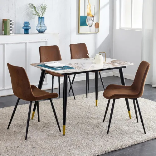 Vista 24 de Juego de 5 mesas de comedor modernas de piedra sinterizada de 50 pulgadas, mesa de cocina rectangular de mármol sintético con 4 sillas de piel