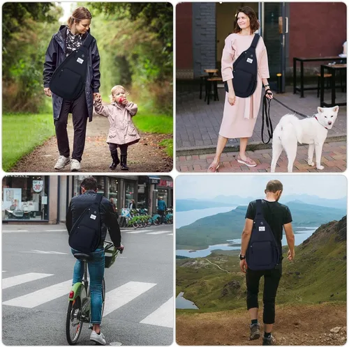Vista 7 de KAMO Mochila bandolera para el pecho, bolsa cruzada para ciclismo, viajes, senderismo, para hombres, mujeres, niños con agujero para auriculares
