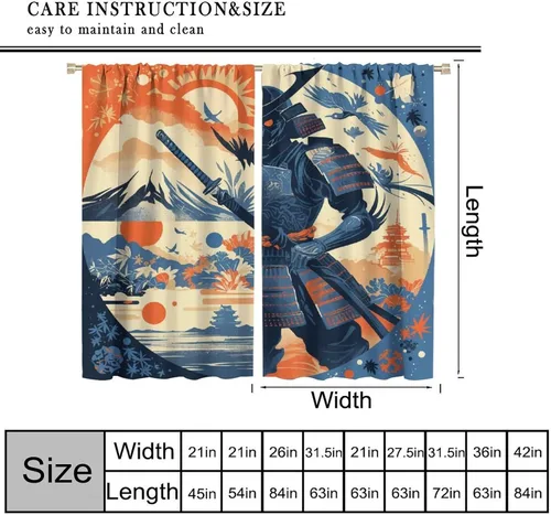Vista 2 de Asian Japanese Samurai Blackout Curtains, Watercolor Floral Sun Mountain Art Style Window Drapes, for Kid Teens Boys Man Living Room Bedroom 42" W X