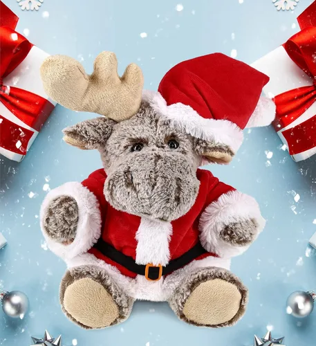 Vista 5 de DolliBu Peluche de alce de Papá Noel, disfraz de animal salvaje súper suave con traje de Papá Noel rojo, lindo regalo de vida silvestre, vacaciones