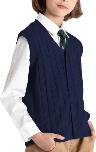 Vista 4 de BOBOYOYO Chaleco de suéter para niños, 100% algodón, chaleco para uniforme escolar, chaleco con botones para niños y niñas