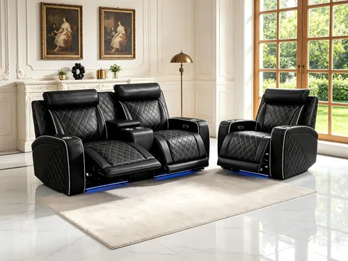 Vista 47 de Juego de sofás reclinables eléctricos, juegos de muebles de sala de estar, sofá reclinable eléctrico moderno negro, sofá biplaza y silla