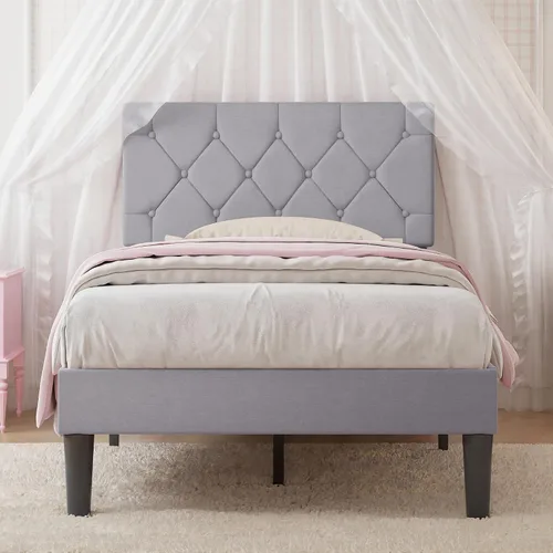Vista 9 de VECELO Twin Bed Frame with Upholstered Tufted Headboard, Beige