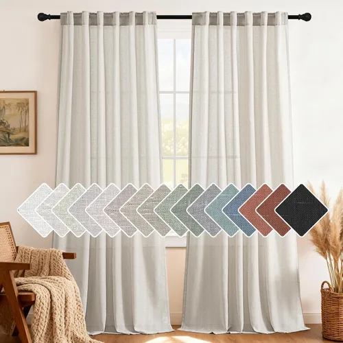 Vista 25 de H.VERSAILTEX Cortinas de lino natural de 63 pulgadas de largo para sala de estar, 2 paneles con trabillas traseras y bolsillo, texturizadas